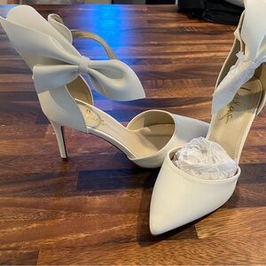 LuLus White High Heels with Ankle Strap and Bow